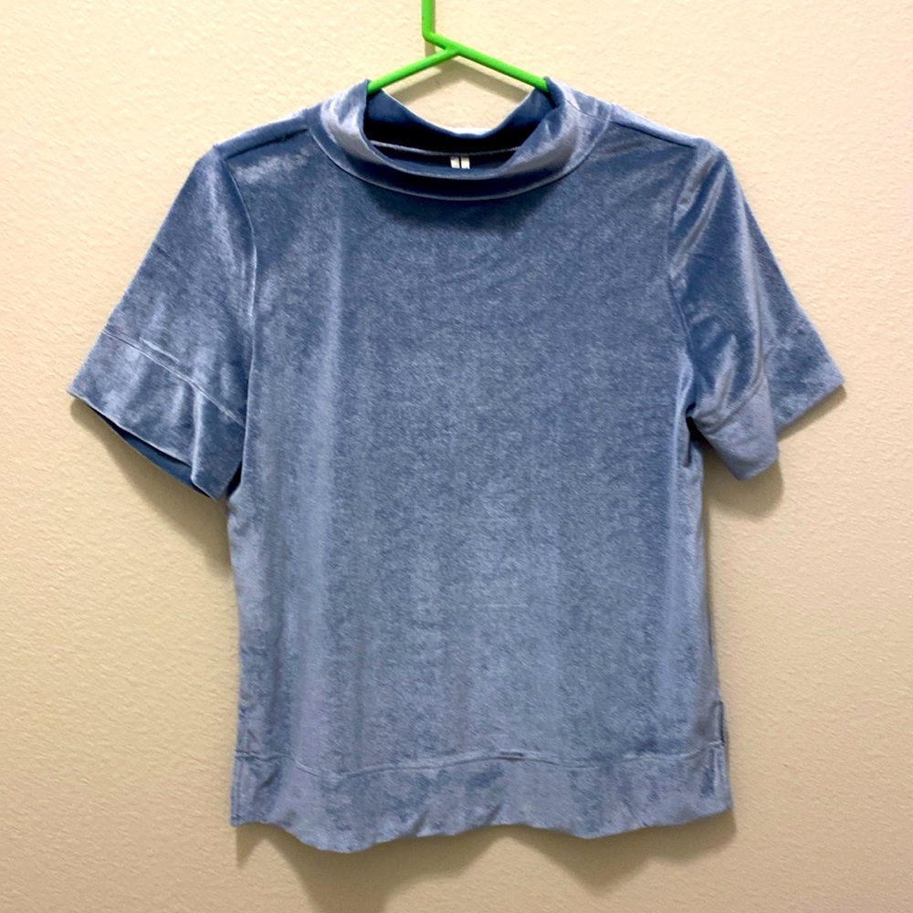 Anthropologie Krisha Velvet Mock Neck Top Blouse Short Sleeves Blue Stre… - Picture 4 of 8